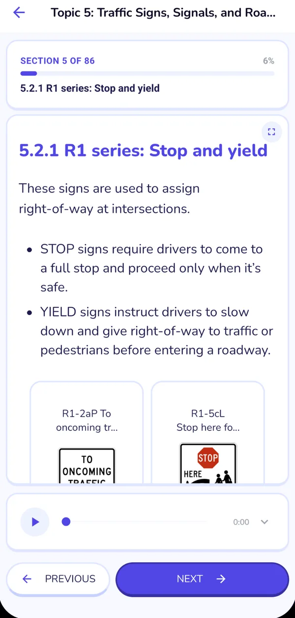 A section of the study guide with its audio player in the Aprobify app