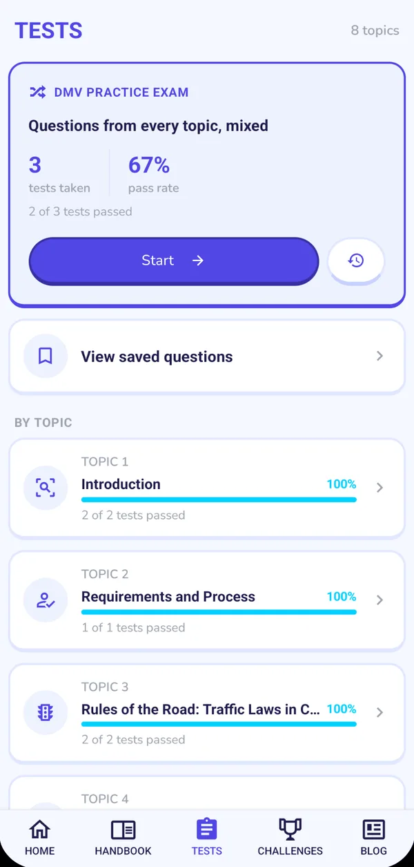 The tests screen with the full practice exam in the Aprobify app